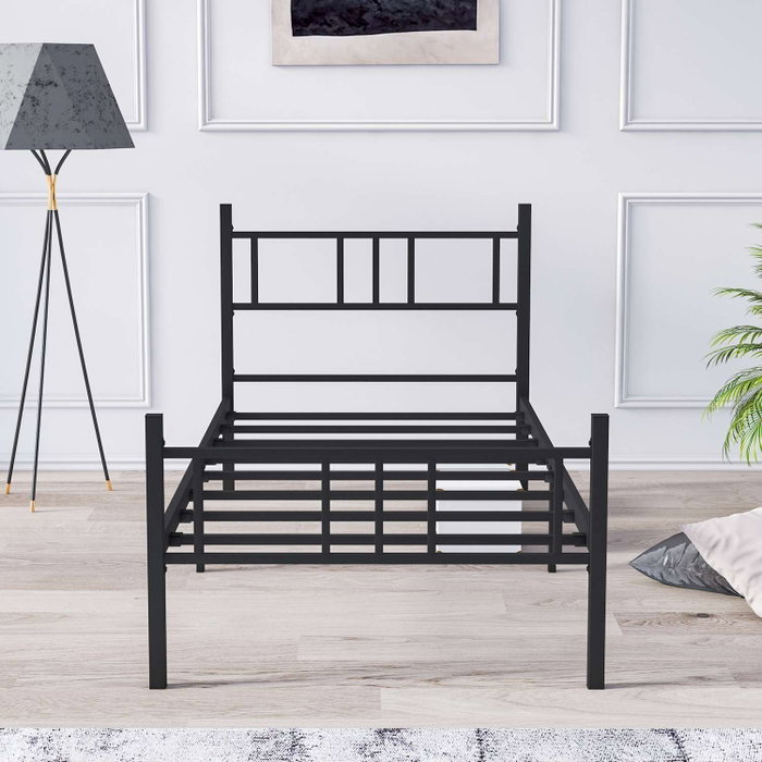 Hanah Home Cama Individual Black 90x200 Metal 100% Negro Alto Cabecero 88cm Profundo 200cm Patas 31.5cm